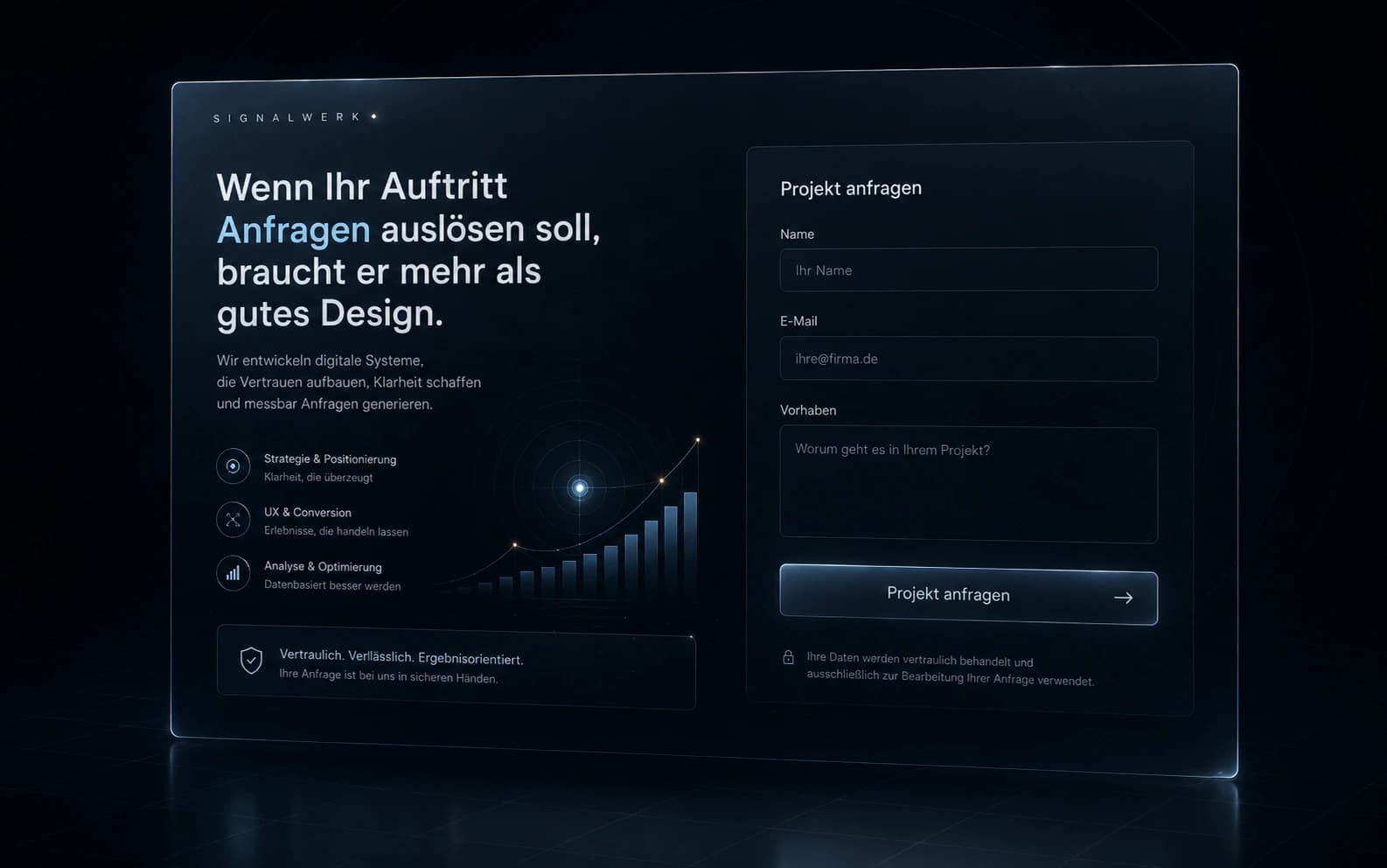 Dunkles Bento-System mit UI-Modulen als dezenter Hintergrund der Leistungsübersicht.