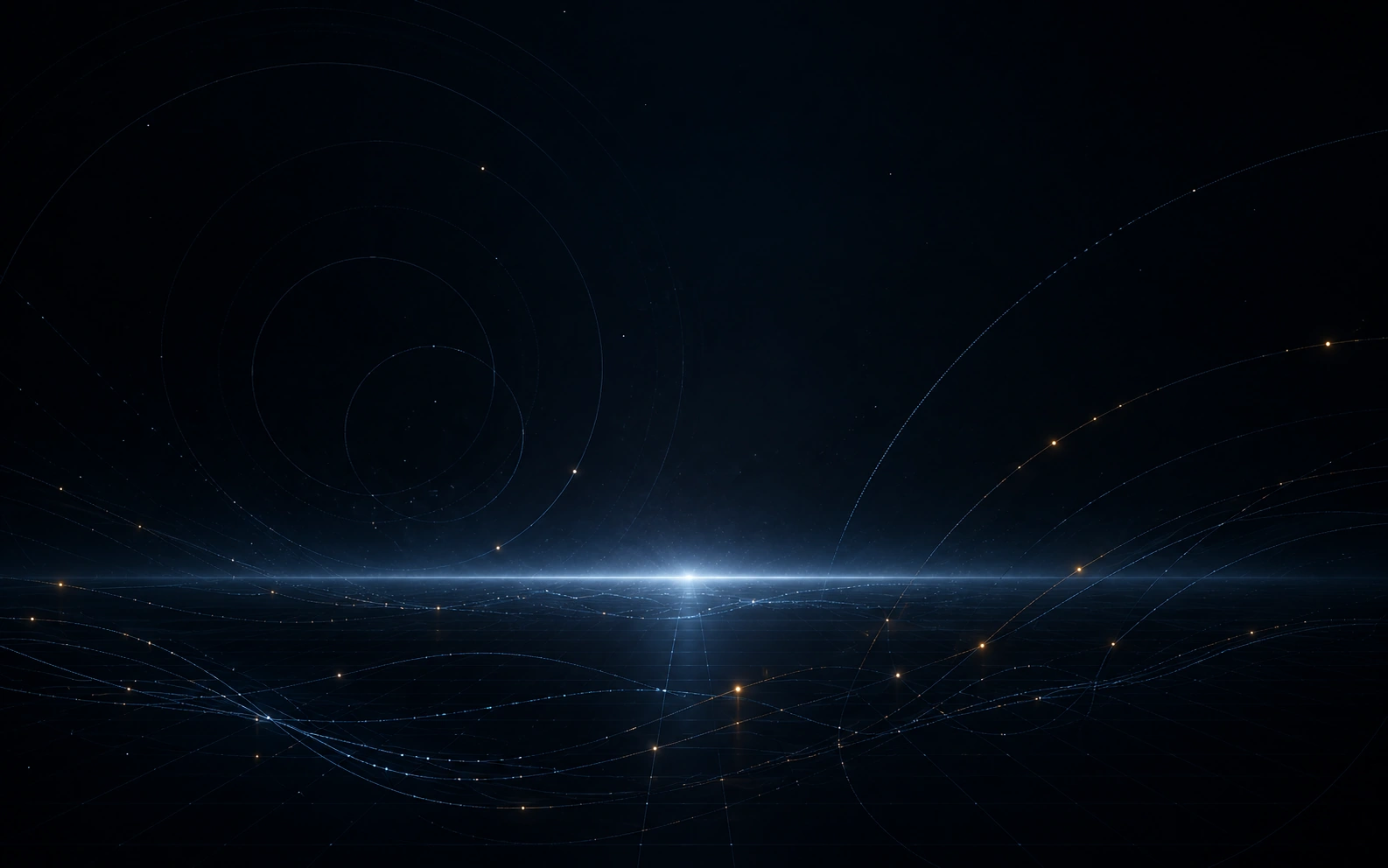 Abstrakter dunkler Tech-Hintergrund mit feinen Signalringen und Lichtlinien.